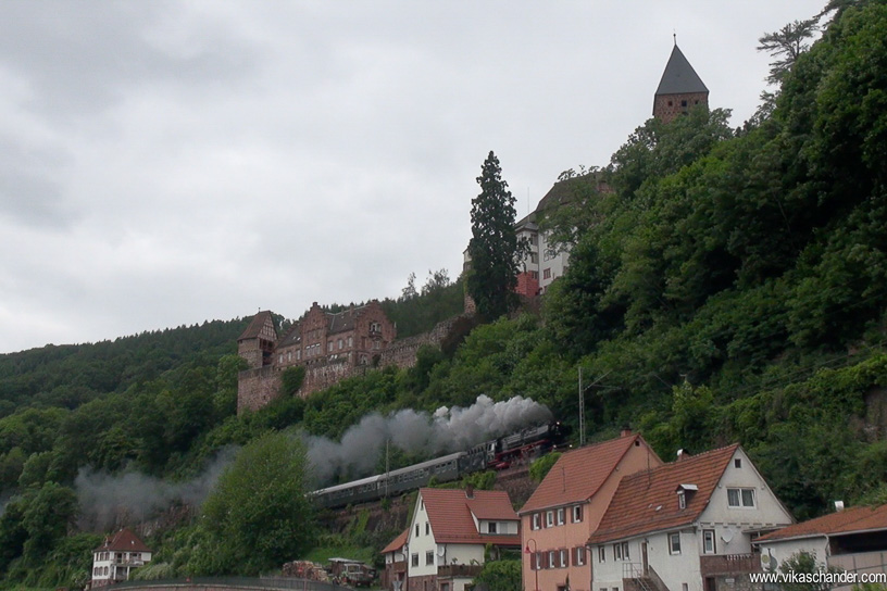 DS 2014 blog - Viewed from the road another steam train passes below Zwingenberg castle enroute Heilbronn