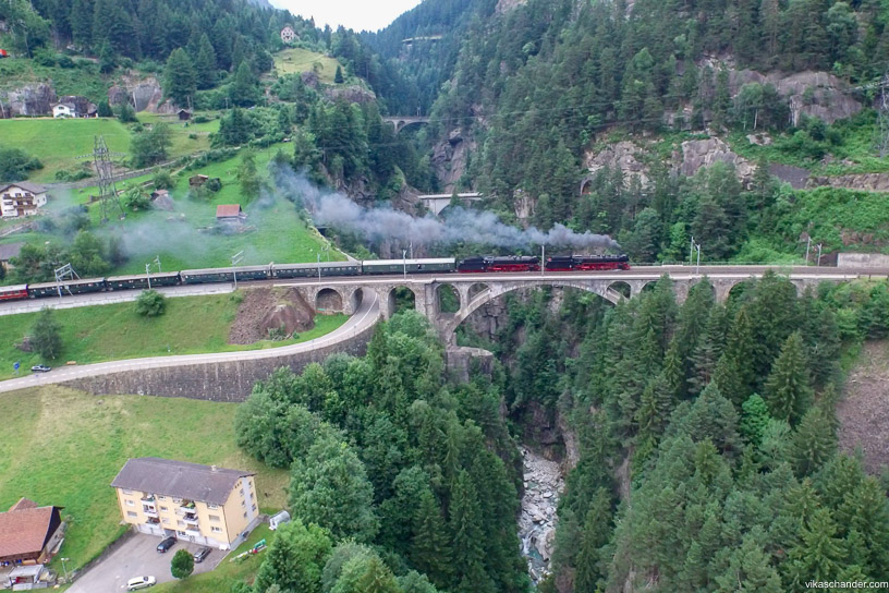 Gotthard Dampfspektakel blog - double header on the middle meienreuss bridge at Wassen
